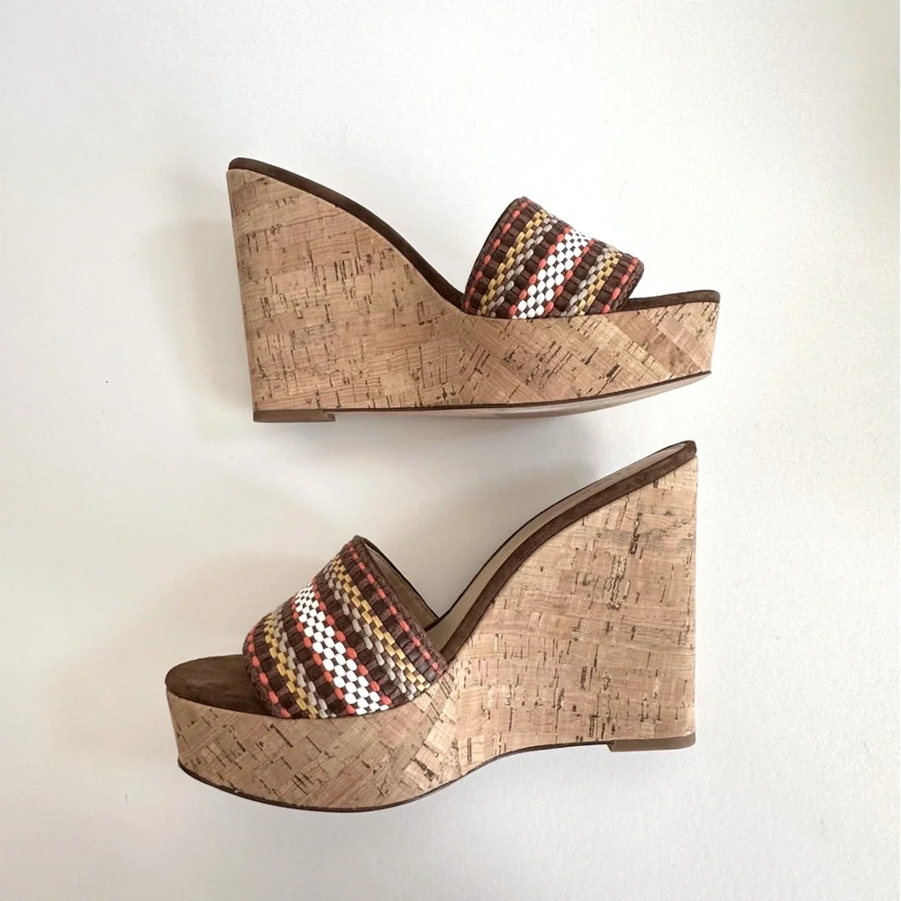 Veronica Beard Dali Multi Woven Raffia Cork Wedge Slide Sandals Brown Tan 9 NIB